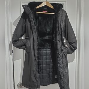 Black Mid Length Parka Coat with Interior Fur Lining